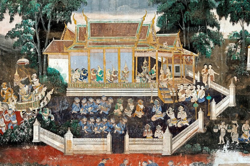 Mural depicting scenes from the Khmer version or Reamker version of the classic Indian Ramayana epos in the covered gallery of the Silver Pagoda