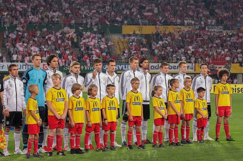 The German team during the national anthem before the WC qualifier soccer game on September 11