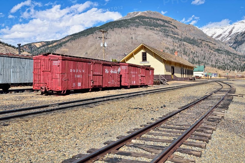 Historic train station with wagons of the Denver & Rio Grande Western Railroad Company