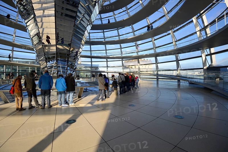 Interior with the mirrored central column of the dome of the Reichstag building