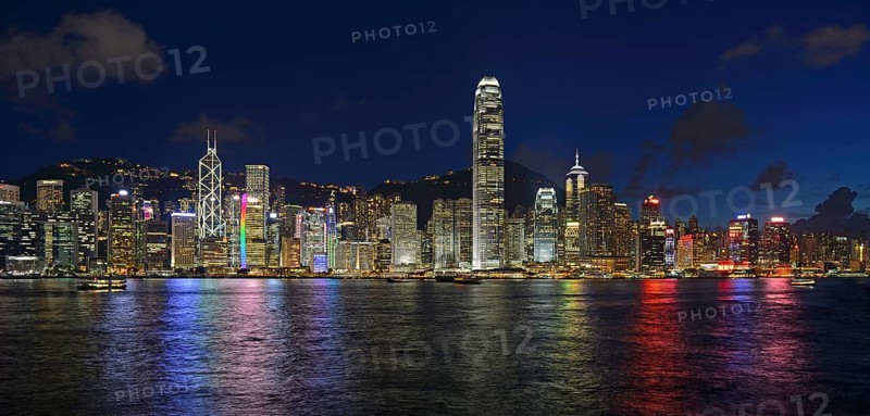 View at the blue hour from Kowloon on Hong Kong Island's skyline on Hong Kong River