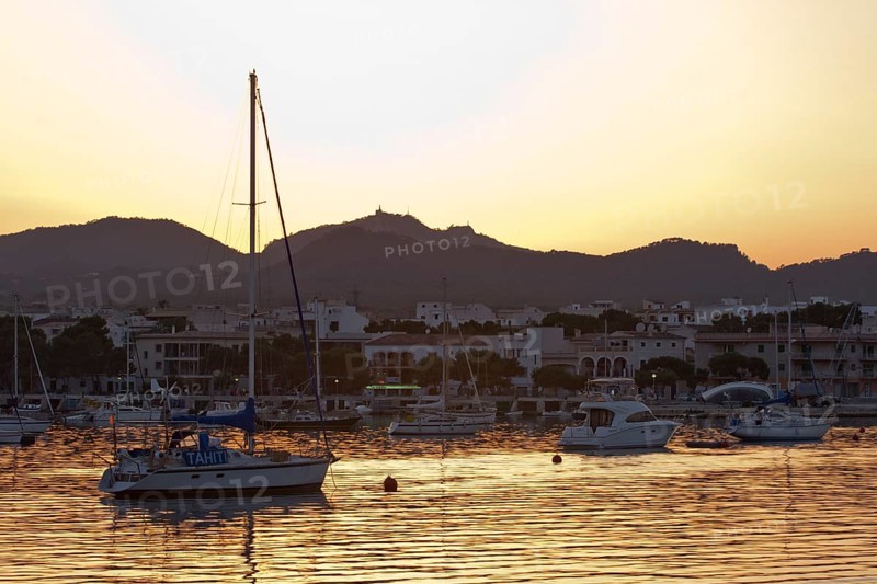 Sailing boats in a harbour at sunset