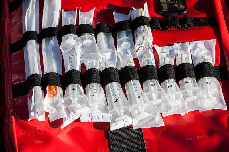 Medical emergency kit during an emergency exercise with numerous rescue organisations and the police taking part