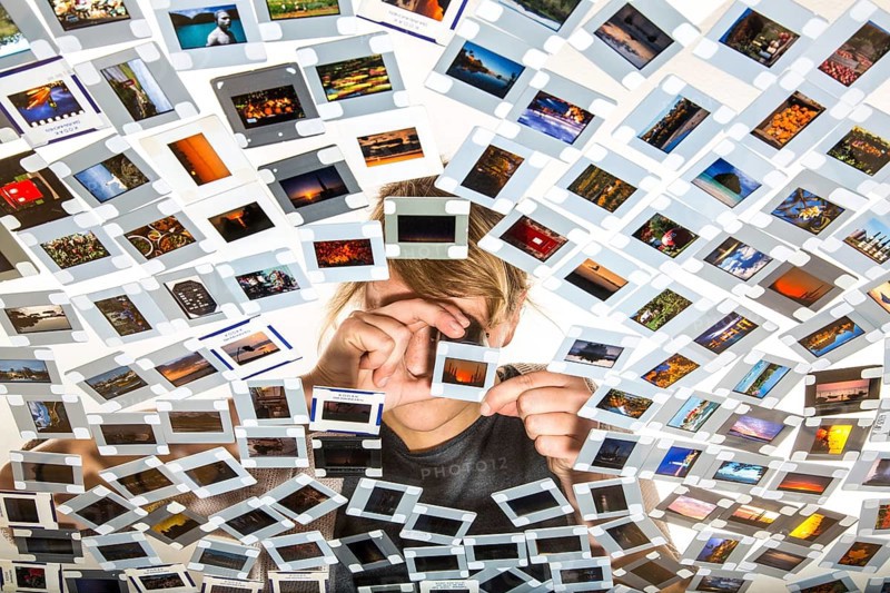 Young woman sorting mounted slides