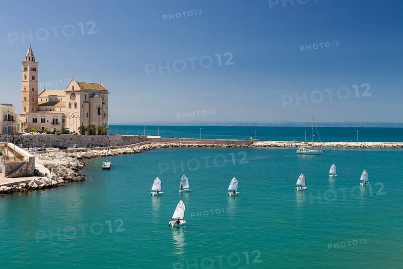 Sailing school in the harbor with Trani Cathedral