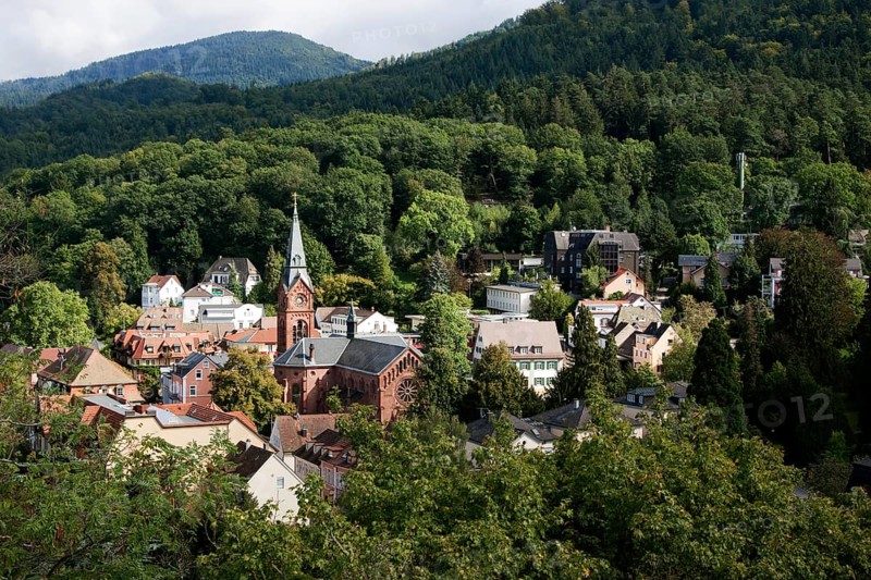 Badenweiler in the Markgraeflerland region with the Protestant church of St. Paul