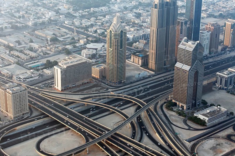 View from Burj Khalifa over a motorway junction on Sheikh Zayed Road