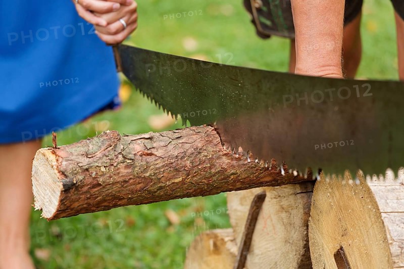 Couple sawing wood