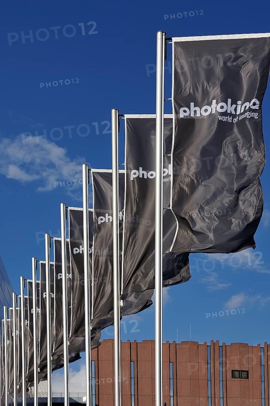 Flags in front of the entrance to the exhibition centre