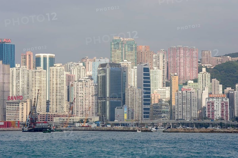 View of Victoria Harbour and skyscrapers in Fortress Hill and Causeway Bay