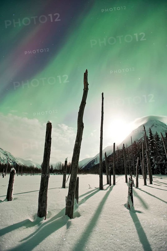 Moonlight and aurora in Portage Valley