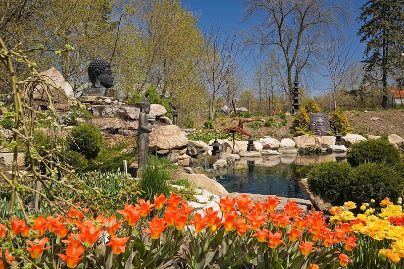 The ornamental pond in the Zen garden at springtime in the "Route des Gerbes d'Angelica" garden in Mirabel