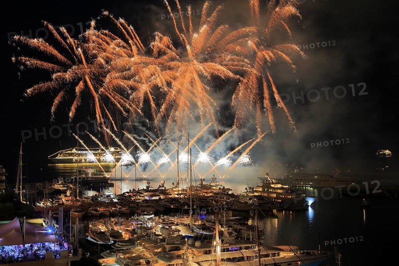 Fireworks over Port Hercule with yachts and cruise ship