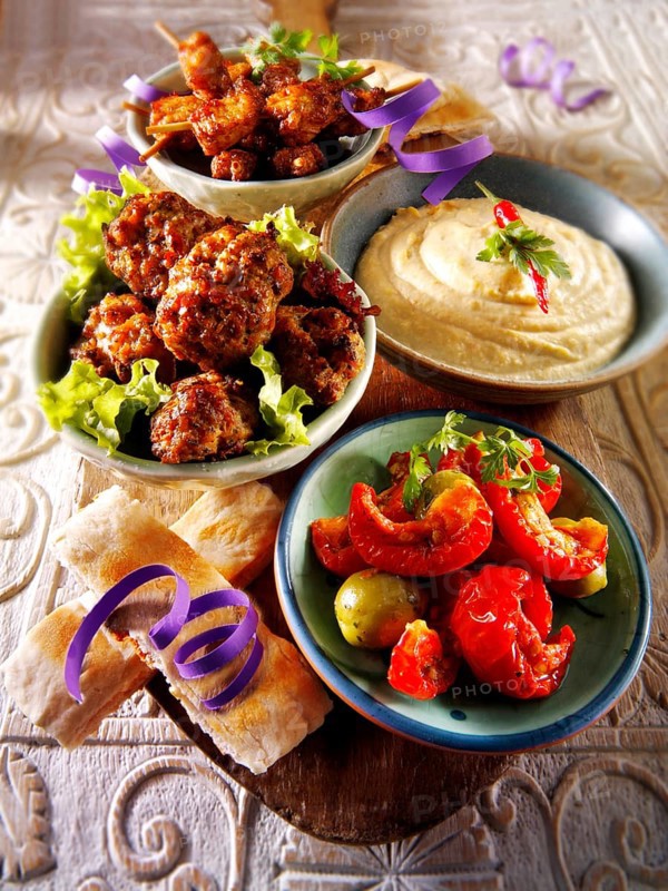 Party buffet food with Hummus