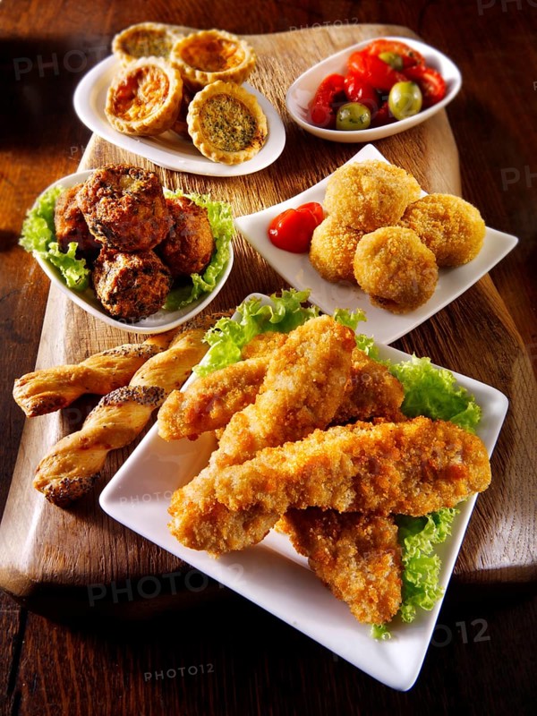 Party buffet food with southern fried chicken