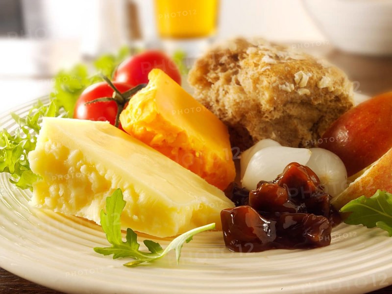 Traditional Ploughman's lunch with Cheddar and Lancashire cheese