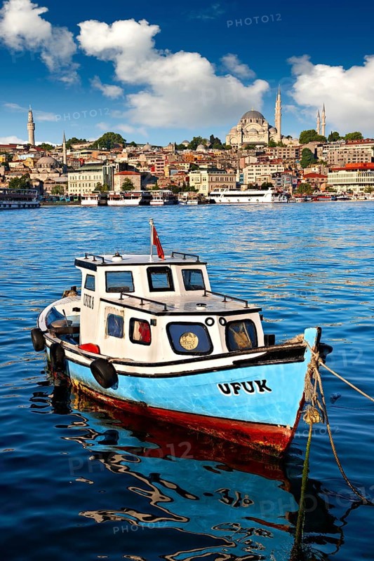 Fishing boat in the Golden Horn on the Galata banks looking towards the Suleymaniye Mosque