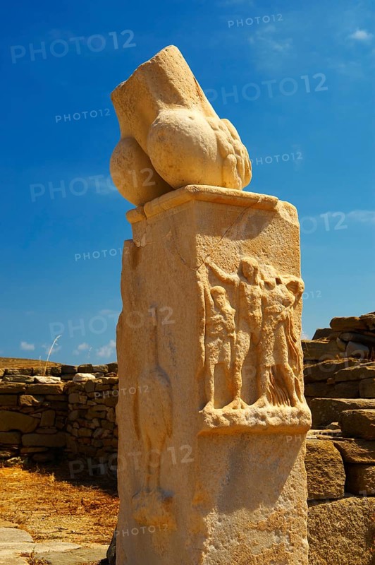 Column with broken phallus at the Stoivadeion in the Temple of Dionysus at the ruins of the Greek city of Delos