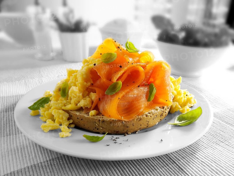 Smoked salmon scrambled eggs bagel