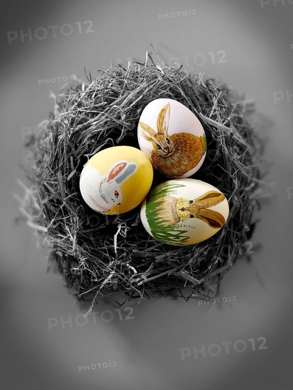 Hand-painted Easter eggs with traditional bunny design