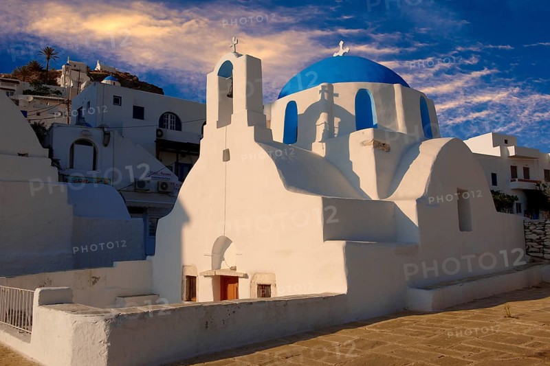 Blue domed white Byzantine Greek Orthodox Chapel of Panaghia Gremiotissa