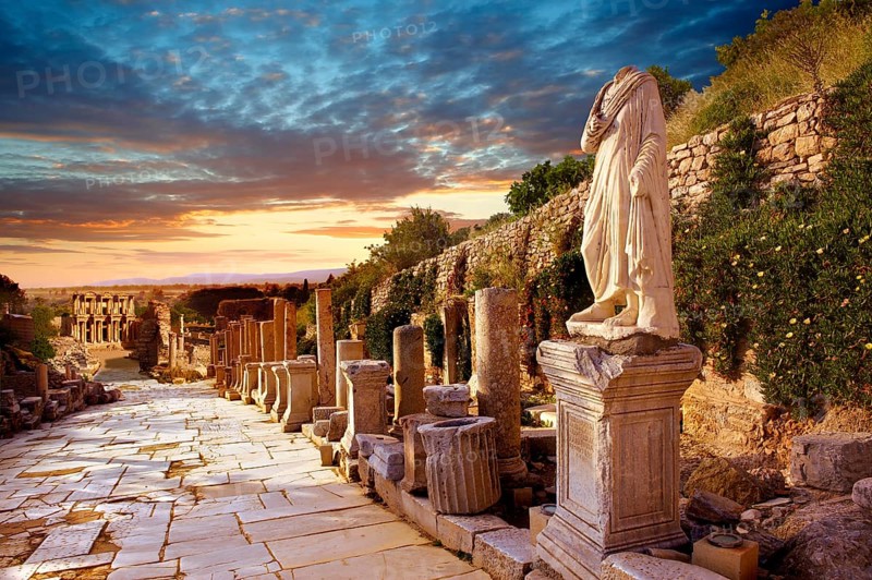 Statue on Curetes Street looking towards the Library of Celsus