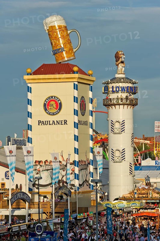 Towers of the marquees of Paulaner Breweries and Lowenbraeu at the Wies'n