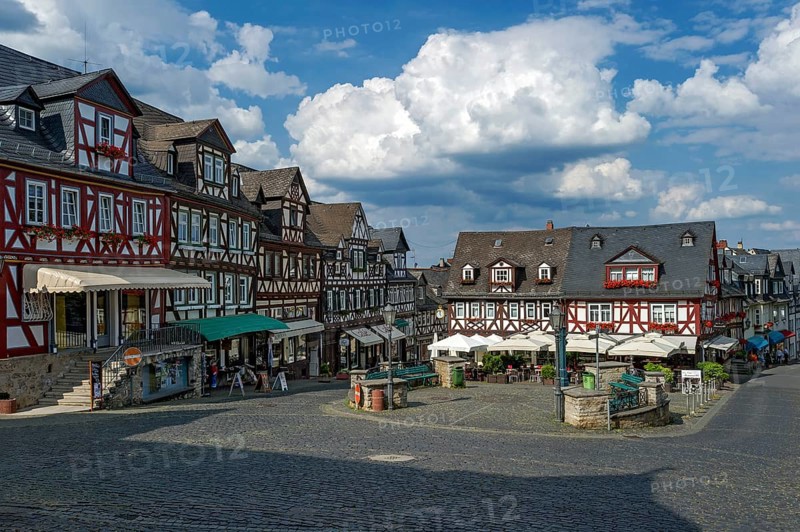 Half-timbered houses and fountains