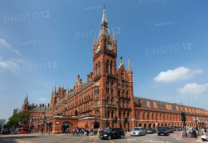 Neo-Gothic St Pancras station with clock tower