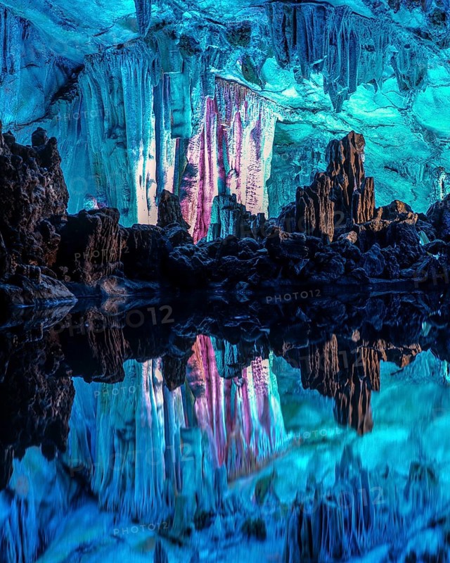 Colourful lights in Reed Flute Cave