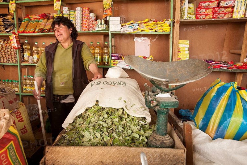 Woman selling coca leaves at the market in Celendin
