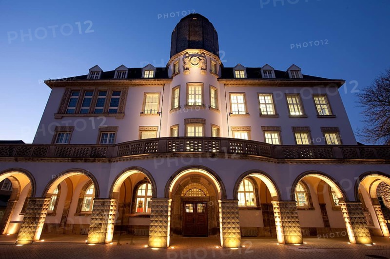 Illuminated Old Town Hall at dusk