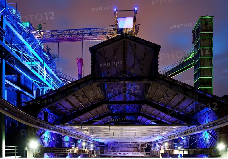 Illuminated view of the former steel plant in Landschaftspark Duisburg Nord