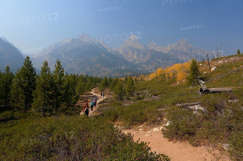 Grand Teton mountain range from the trail to Taggart Lake