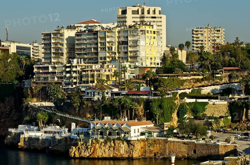 View of the harbor entrance of the Kaleici fishing harbor and marina