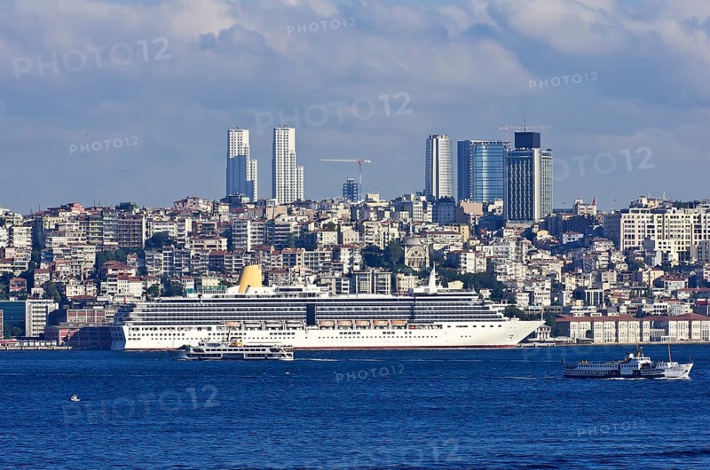 View of the harbour of Istanbul with a cruise ship in the foreground
