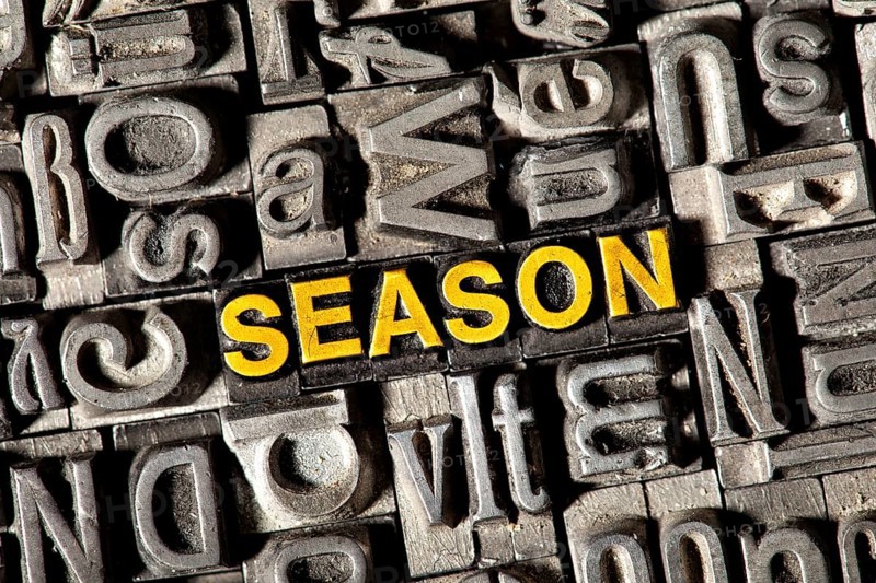Old lead letters forming the word 'SEASON'