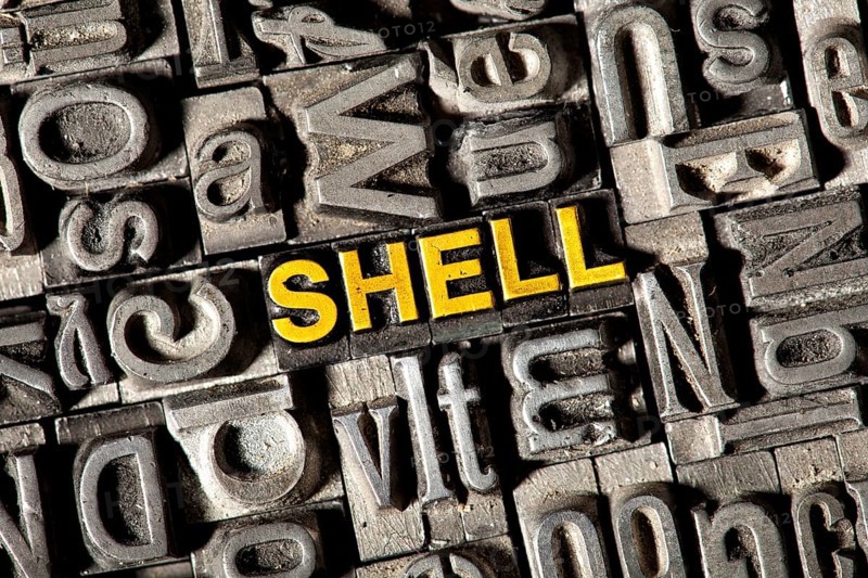 Old lead letters forming the word "SHELL"
