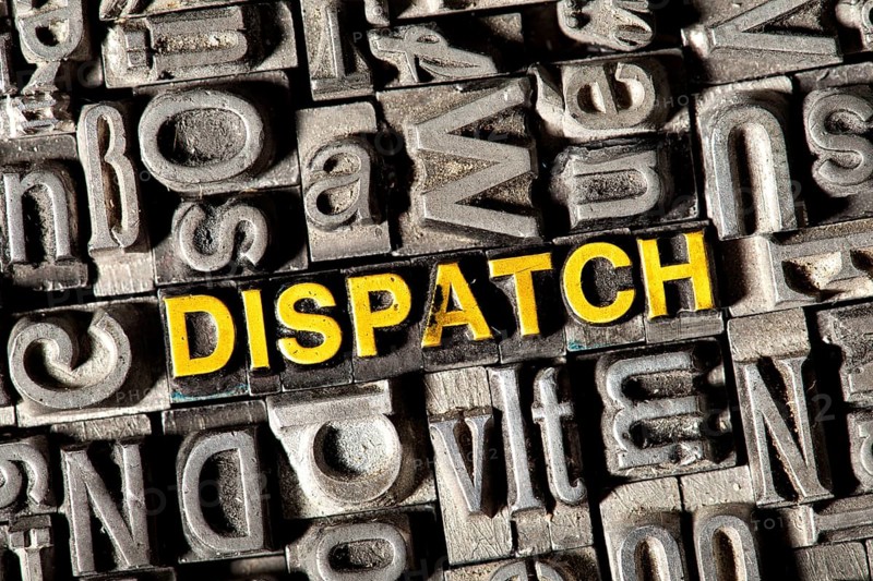 Old lead letters forming the word Dispatch
