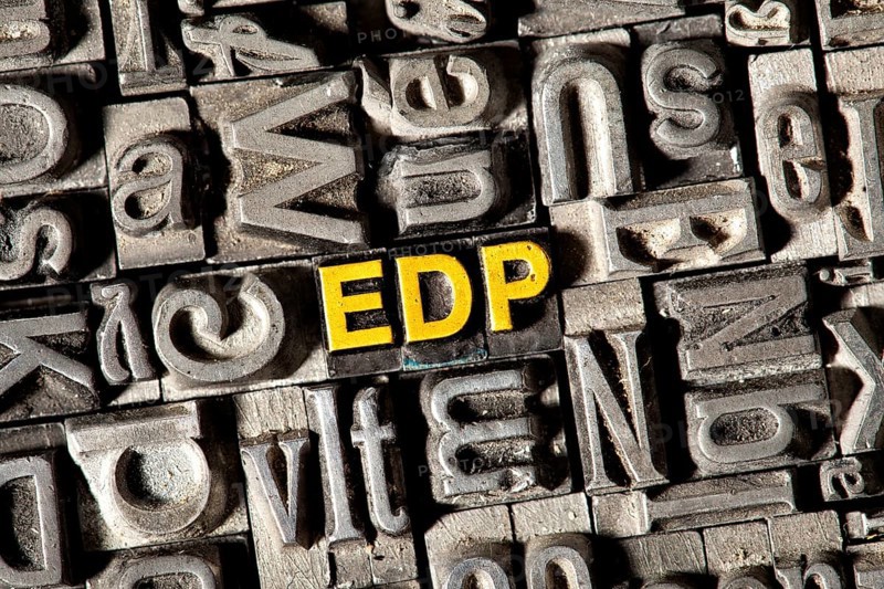 Old lead letters forming the abbreviation EDP