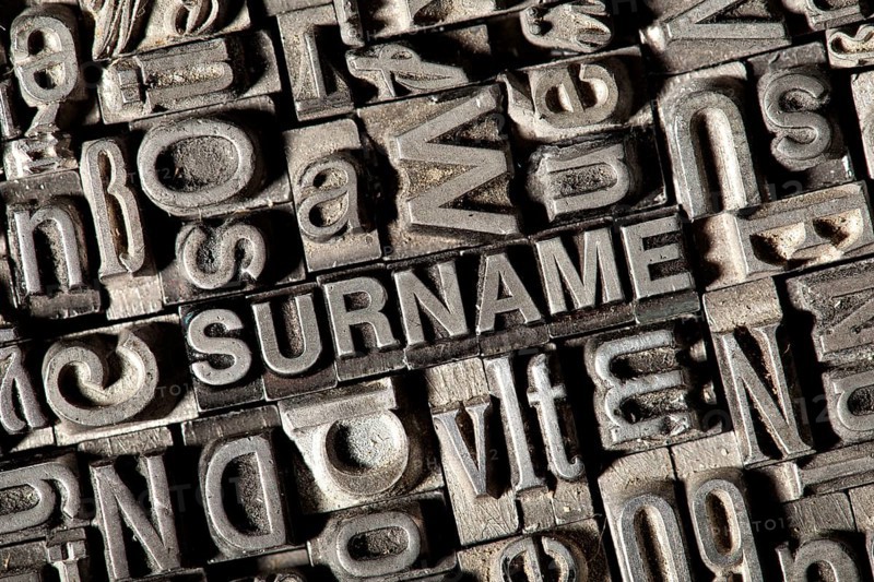 Old lead letters forming the word 'SURNAME'