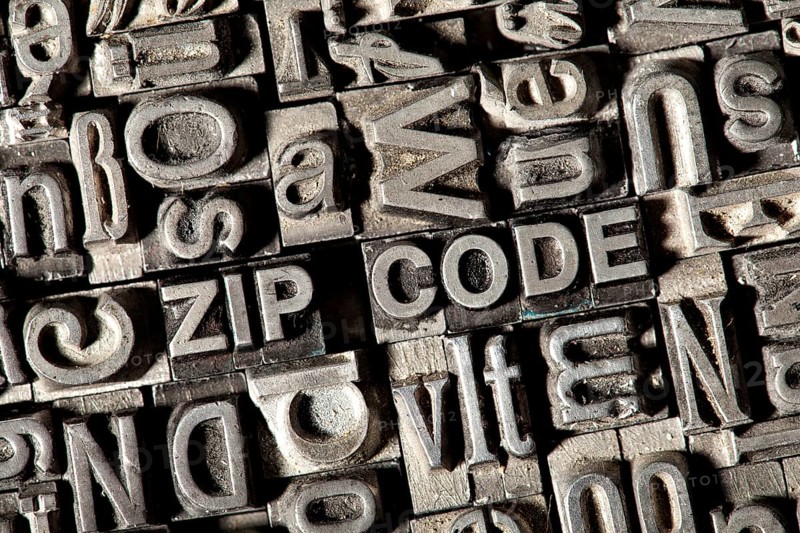 Old lead letters forming the term ZIP CODE