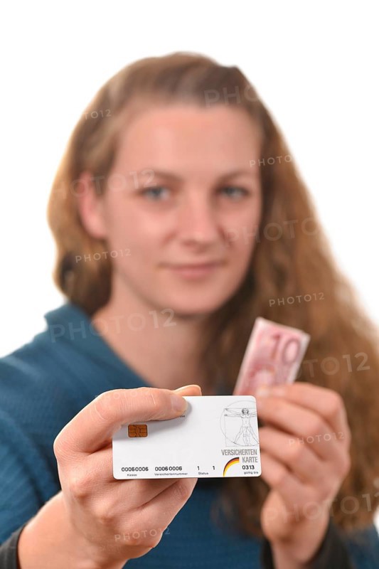 Woman holding a health insurance card and a 10 euro banknote