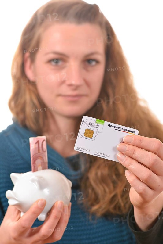 Woman holding a health insurance card and a 10 euro banknote