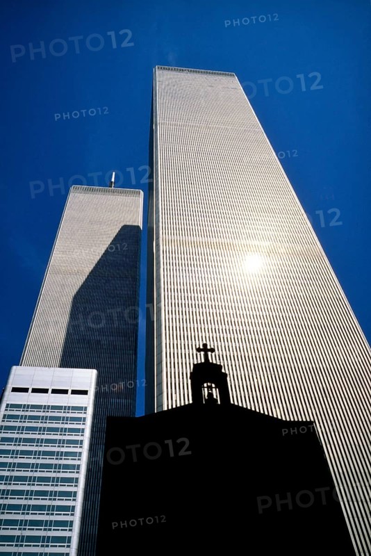 The St. Nicholas Greek Orthodox Church in front of the North and South Tower of the former World Trade Center or WTC