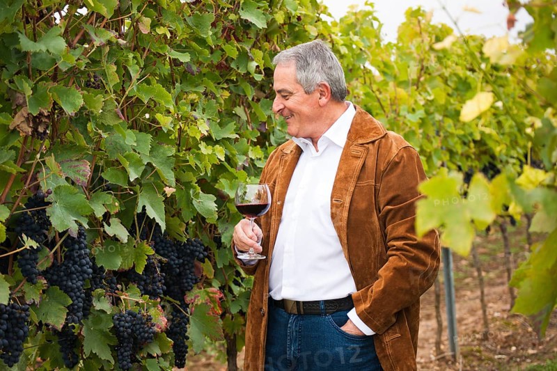 Winemaker or vintner standing with a glass of red wine in his vineyard