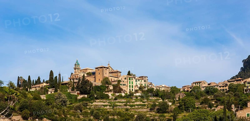 View of the old town of Valldemossa with the parish church of Sant Bartomeu