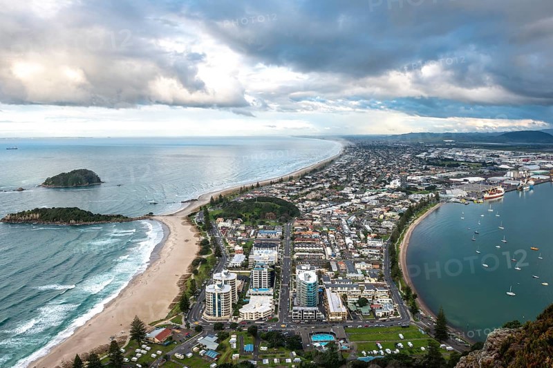 Panoramic view of Mount Manganui district and Tauranga harbour