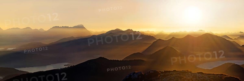 Sunset with view on the Jachenau with Walchensee and Zugspitze with Wetterstein range