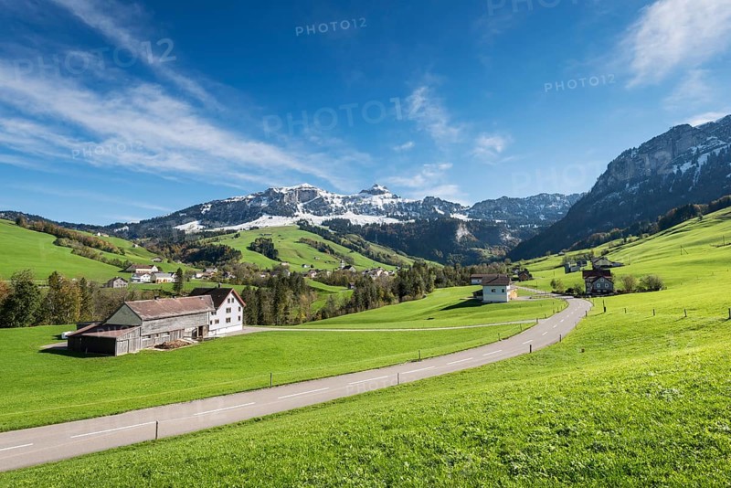 Green pastures in Appenzellerland in front of the snow-capped Appenzell Alps
